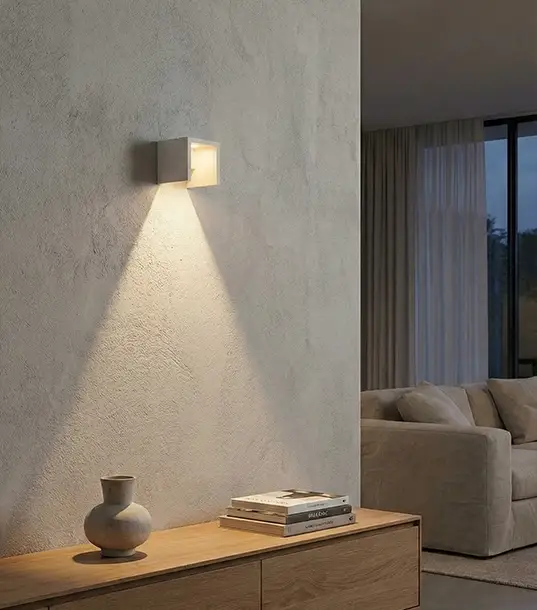 چراغ دیواری مدرن مکعبی سفید مدل LC130 با نور آفتابی ۳۰۰۰ کلوین و پخش نور مثلثی روی دیوار بتنی در فضای داخلی مینیمال.