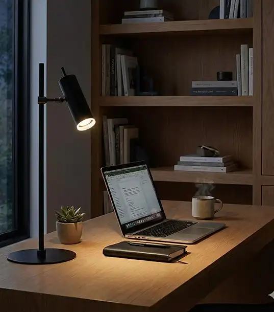 چراغ رومیزی مدرن ۶ وات مشکی کد C228 با نور گرم ۳۰۰۰ کلوین روی میز کار چوبی در کنار لپ‌تاپ و کتابخانه.