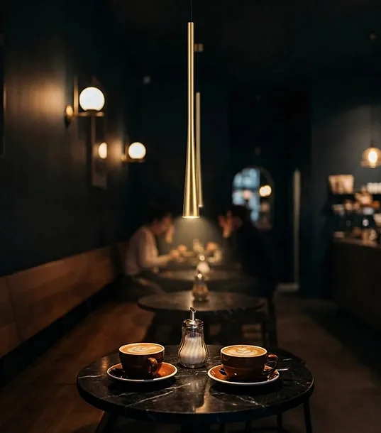 چراغ آویز مدرن و مینیمال ۷ وات کد LC93 با بدنه مخروطی طلایی کشیده، آویزان بالای میز کافه با نور متمرکز آفتابی.